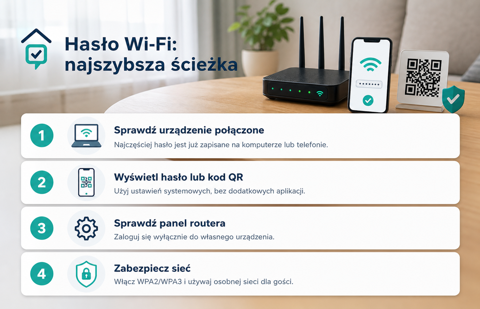 Infografika pokazująca cztery sposoby znalezienia hasła Wi-Fi