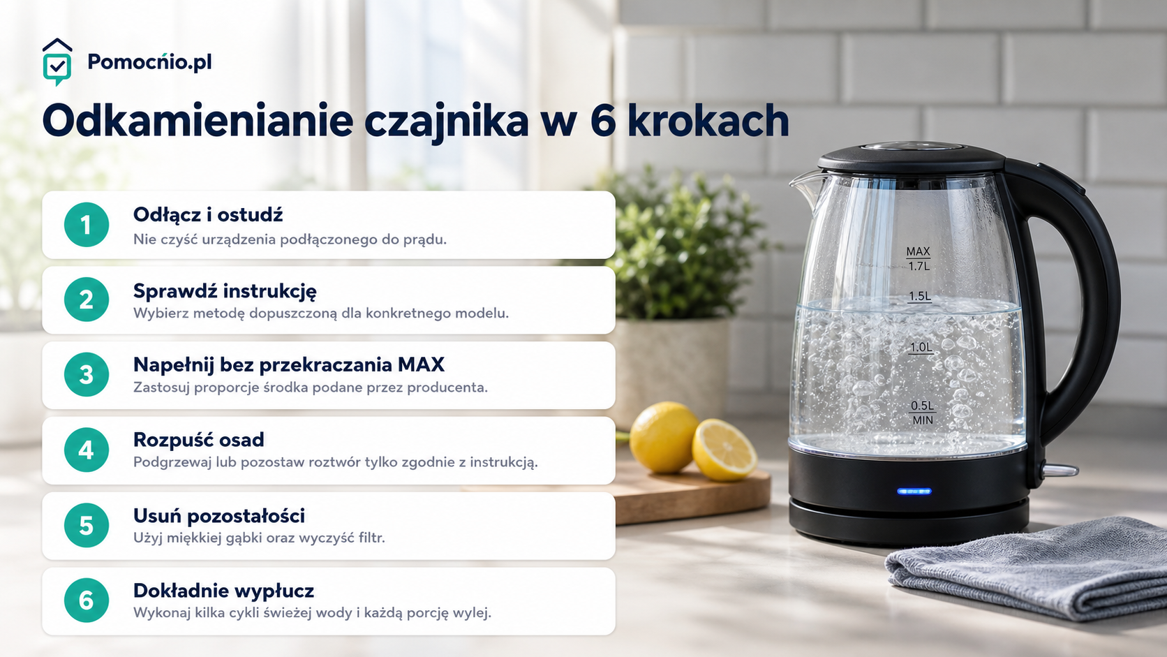 Infografika przedstawiająca sześć kroków odkamieniania czajnika elektrycznego
