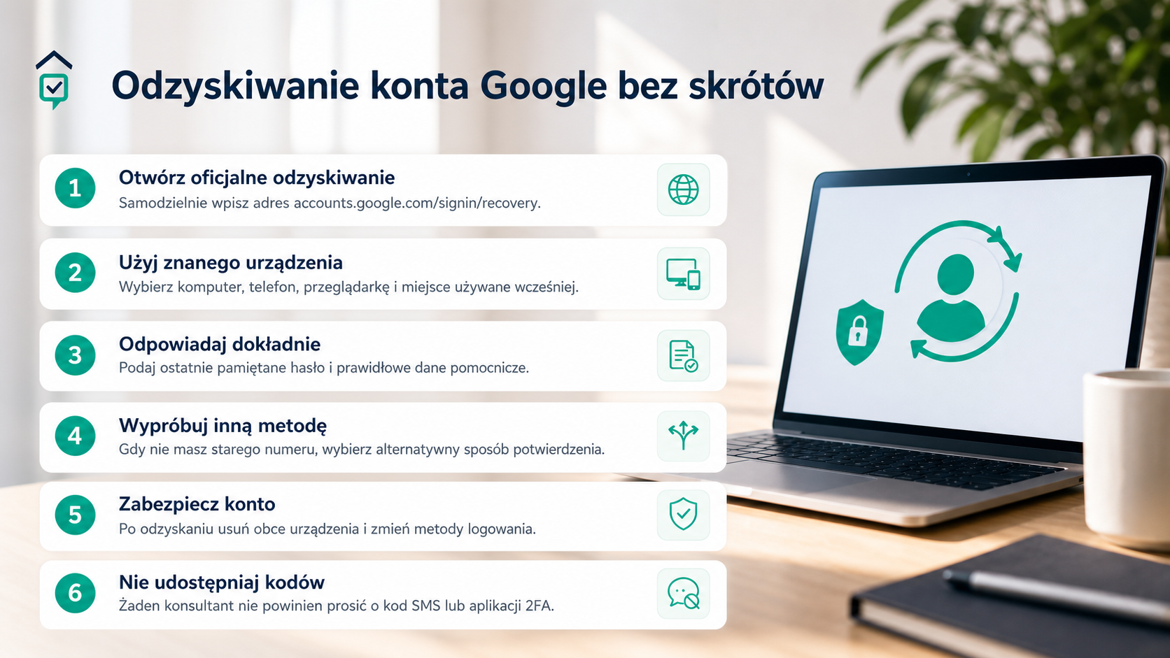 Infografika przedstawiająca bezpieczne kroki odzyskiwania konta Google